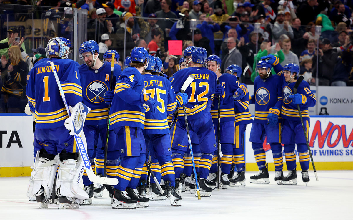 The Buffalo Sabres celebrate a win over the Vegas Golden Knights at KeyBank Center.