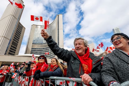 "Elbows up" protest in Toronto on March 22 to protest Trump's policies toward Canada.