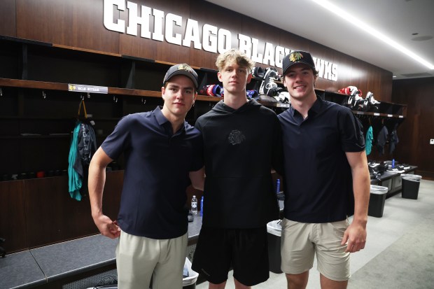 Anton Frondell, from left, Vaclav Nestrasil and Mason West participate in media availability for Blackhawks draft picks Monday, June 30, 2025, at Fifth Third Arena. (Terrence Antonio James/Chicago Tribune)