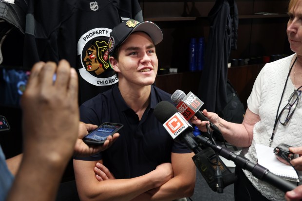 Anton Frondell participates in media availability for Blackhawks draft picks Monday, June 30, 2025, at Fifth Third Arena. (Terrence Antonio James/Chicago Tribune)