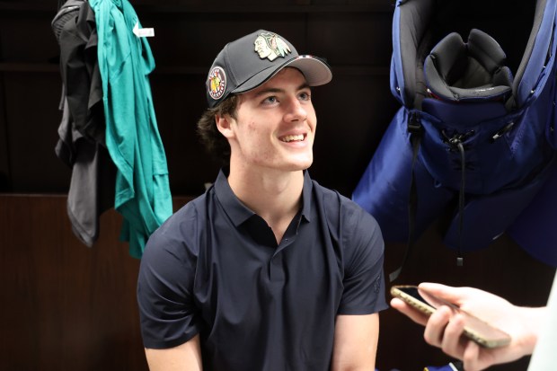 Mason West participates in media availability for Blackhawks draft picks Monday, June 30, 2025, at Fifth Third Arena. (Terrence Antonio James/Chicago Tribune)