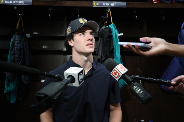 Mason West participates in a media availability for Blackhawks draft picks at Fifth Third Arena in Chicago on Monday, June 30, 2025. (Terrence Antonio James/Chicago Tribune)