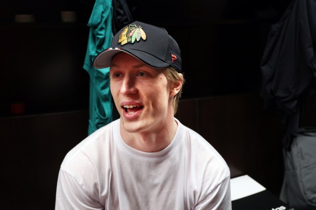 Julius Sumpf participates in media availability for Blackhawks draft picks Monday, June 30, 2025, at Fifth Third Arena. (Terrence Antonio James/Chicago Tribune)