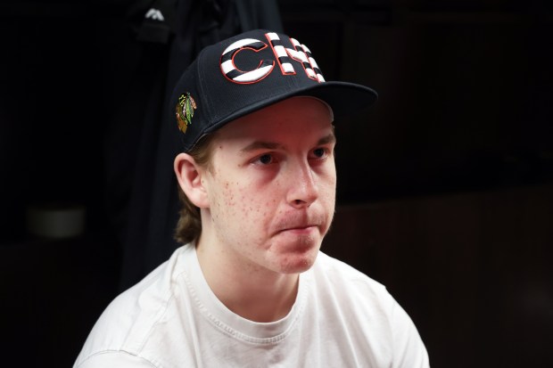 Nathan Behm participates in media availability for Blackhawks draft picks Monday, June 30, 2025, at Fifth Third Arena. (Terrence Antonio James/Chicago Tribune)