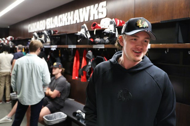 Parker Holmes participates in media availability for Blackhawks draft picks Monday, June 30, 2025, at Fifth Third Arena. (Terrence Antonio James/Chicago Tribune)