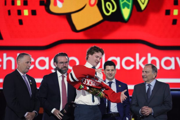 Marek Vanacker is selected by the Blackhawks with the 27th pick during the first round of the 2024 NHL draft at Sphere in Las Vegas. (Bruce Bennett/Getty Images)