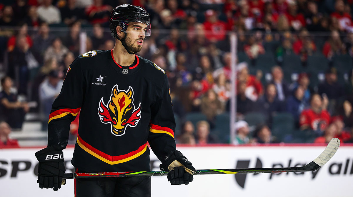 Calgary Flames defenseman Kevin Bahl (7) against the Dallas Stars during the first period at Scotiabank Saddledome