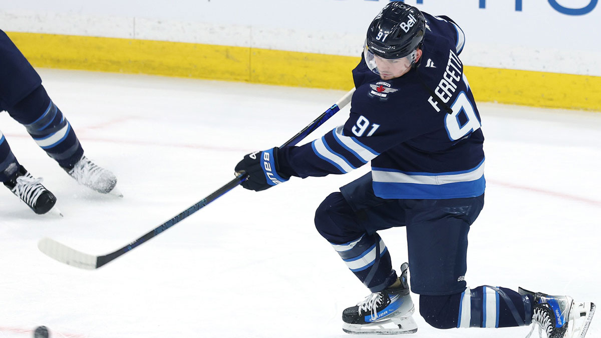Winnipeg Jets center Cole Perfetti (91) warms up before a game against the Dallas Stars in game two of the second round of the 2025 Stanley Cup Playoffs at Canada Life Centre.
