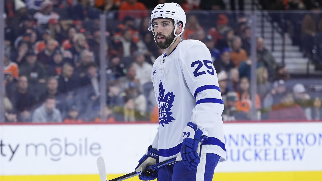 Toronto Maple Leafs' Conor Timmins plays during an NHL hockey game, Jan. 7, 2025, in Philadelphia. (AP Photo/Matt Slocum, file)