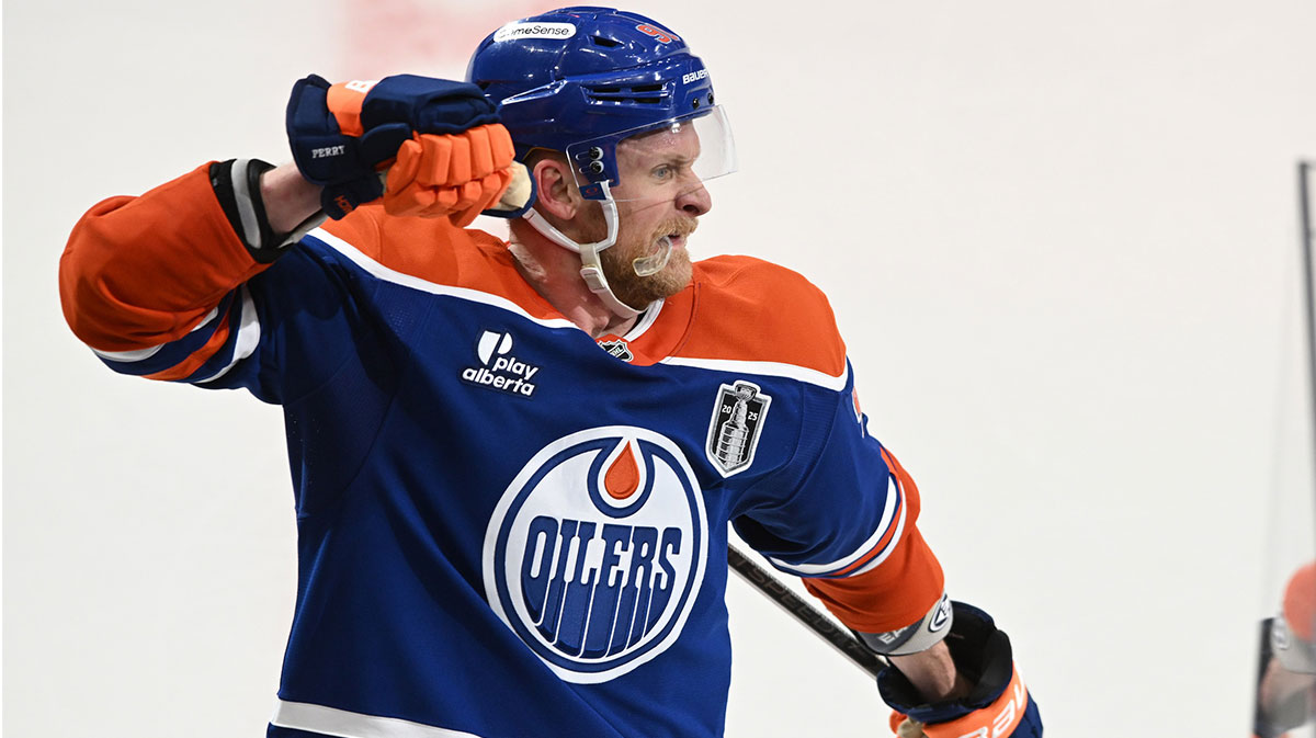Edmonton Oilers right wing Corey Perry (90) reacts after scoring a goal against the Florida Panthers during the third period in game two of the 2025 Stanley Cup Final at Rogers Place