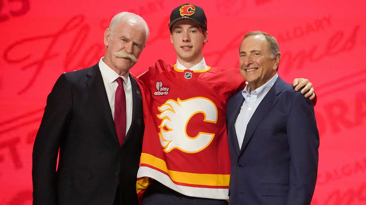 Cullen Potter is selected as the 32nd overall pick to the Calgary Flames in the first round of the 2025 NHL Draft at Peacock Theater. 