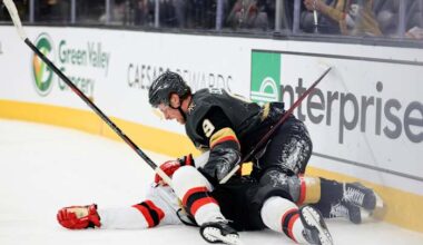 Devils leading scorer Jack Hughes suffers apparent serious injury against the Golden Knights