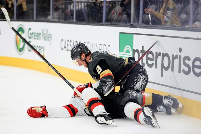 Devils leading scorer Jack Hughes suffers apparent serious injury against the Golden Knights