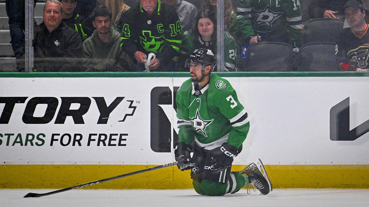 Dallas Stars defenseman Matt Dumba (3) looks on as the Vancouver Canucks celebrate the victory over the Stars in the overtime period at the American Airlines Center.