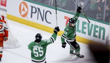 Dallas Stars center Mikael Granlund (64) celebrates after scoring in overtime against the Anaheim Ducks during an NHL hockey game in Dallas, Tuesday, March 18, 2025. (AP Photo/Gareth Patterson)