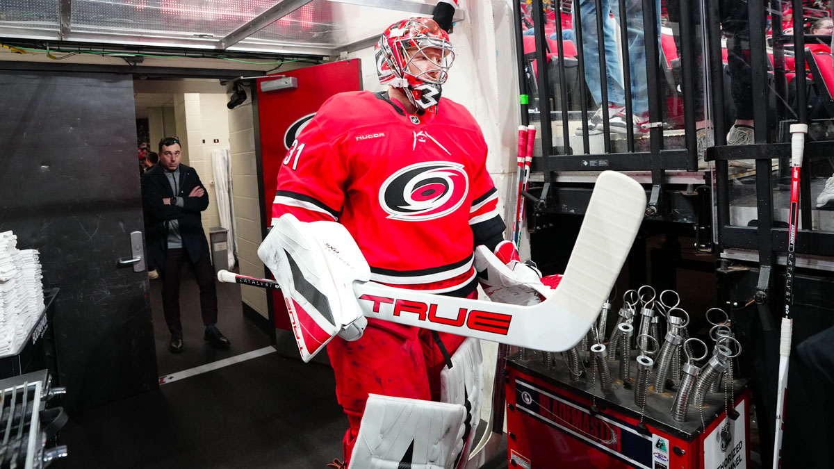 Carolina Hurricanes goaltender Frederik Andersen (31) comes out for the warmups before the game against the Vegas Golden Knights at Lenovo Center.