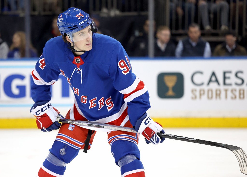 Rangers young prospect Gabe Perreault, who played against the Lighting, did not play in the Blueshirts' 8-5 loss to the Flyers on April 9, 2025.