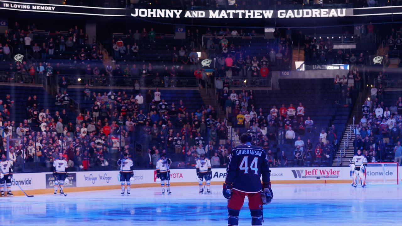 Players stand for a 13-second moment of silence in memory of Columbus Blue Jackets' Johnny Gaudreau and his brother Matthew before the start of a preseason NHL hockey game against the St. Louis Blues, Wednesday, Sept. 25, 2024, in Columbus, Ohio.