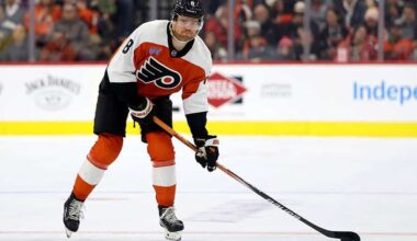 PHILADELPHIA, PENNSYLVANIA - JANUARY 07: Cam York #8 of the Philadelphia Flyers skates during a game against the Toronto Maple Leafs at the Wells Fargo Center on January 07, 2025 in Philadelphia, Pennsylvania.