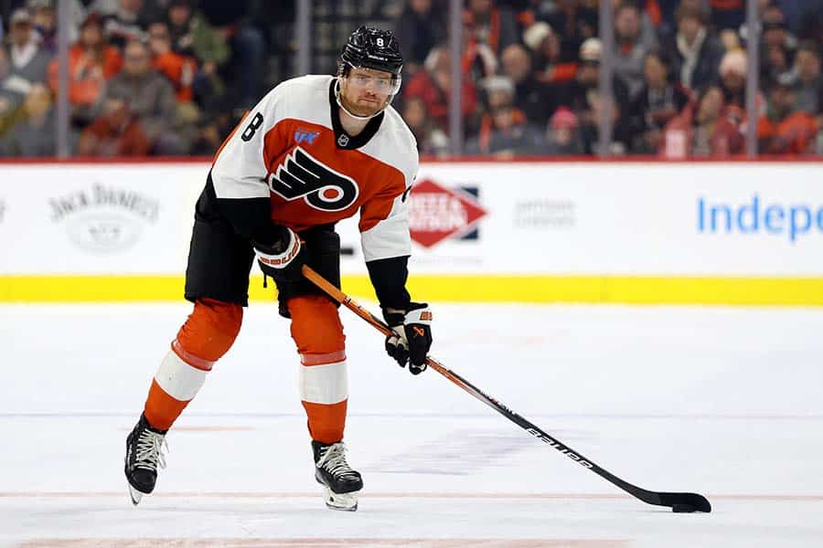 PHILADELPHIA, PENNSYLVANIA - JANUARY 07: Cam York #8 of the Philadelphia Flyers skates during a game against the Toronto Maple Leafs at the Wells Fargo Center on January 07, 2025 in Philadelphia, Pennsylvania.