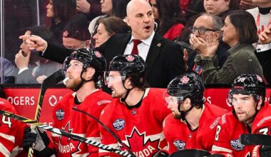 MONTREAL, CANADA - FEBRUARY 15: Assistant coach Rick Tocchet of Team Canada handles the bench during the first period against Team USA in the 2025 NHL 4 Nations Face-Off at the Bell Centre on February 15, 2025 in Montreal, Quebec, Canada. Team USA defeated Team Canada 3-1.