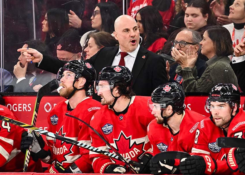 MONTREAL, CANADA - FEBRUARY 15: Assistant coach Rick Tocchet of Team Canada handles the bench during the first period against Team USA in the 2025 NHL 4 Nations Face-Off at the Bell Centre on February 15, 2025 in Montreal, Quebec, Canada. Team USA defeated Team Canada 3-1.
