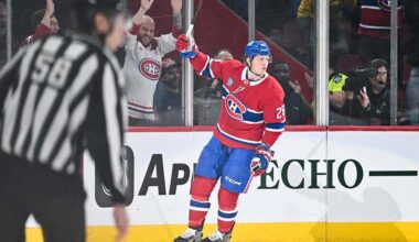 MONTREAL, CANADA - MARCH 18: Christian Dvorak #28 of the Montreal Canadiens celebrates his goal during the first period against the Ottawa Senators at the Bell Centre on March 18, 2025 in Montreal, Quebec, Canada.