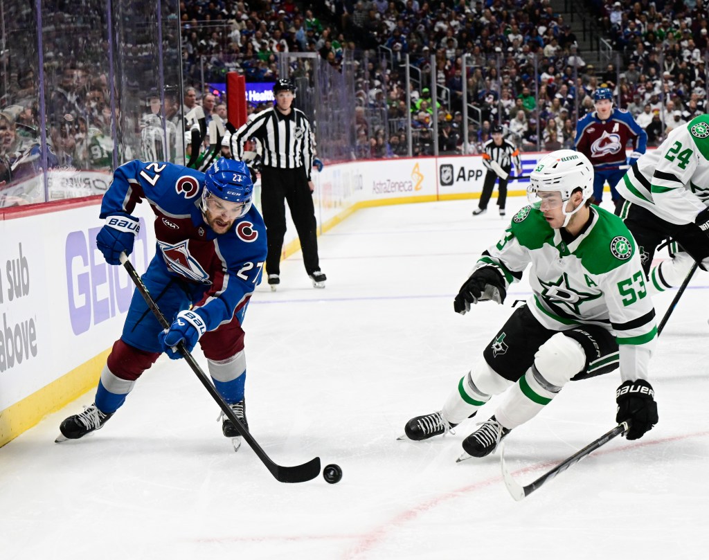 Jonathan Drouin controls the puck for the Avalanche against the Stars in Game 3 of the first round of the playoffs.