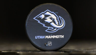 SALT LAKE CITY, UTAH - MAY 7: A sticker on a puck shows the new Utah Mammoth logo shown during an i...