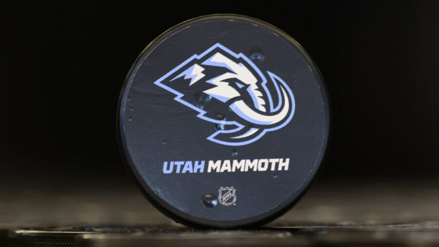SALT LAKE CITY, UTAH - MAY 7: A sticker on a puck shows the new Utah Mammoth logo shown during an i...