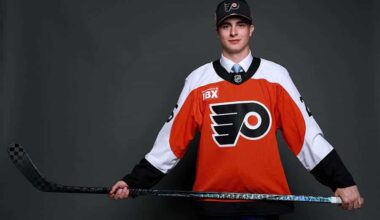 LOS ANGELES, CALIFORNIA - JUNE 27: Porter Martone poses for a portrait after being drafted by the Philadelphia Flyers with the sixth overall pick during the first round of the 2025 Upper Deck NHL Draft at JW Marriott Los Angeles L.A. LIVE on June 27, 2025 in Los Angeles, California.