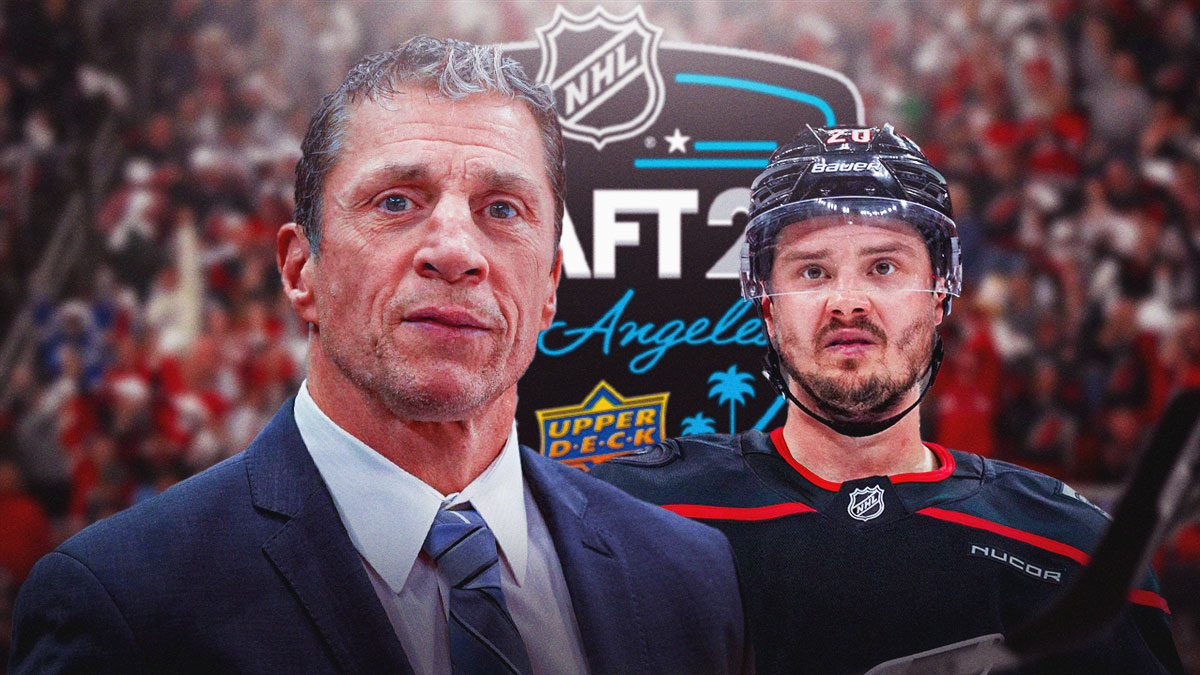 Ehlers in a hurricanes jersey with dollars around him and the Hurricanes logo in the background.