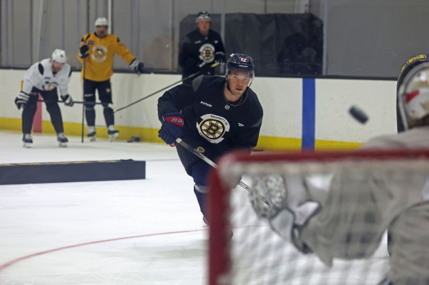 Bruins defenseman and Haverhill native Jordan Harris practices Thursday at Warrior Ice Arena. (Staff Photo By Stuart Cahill/Boston Herald)