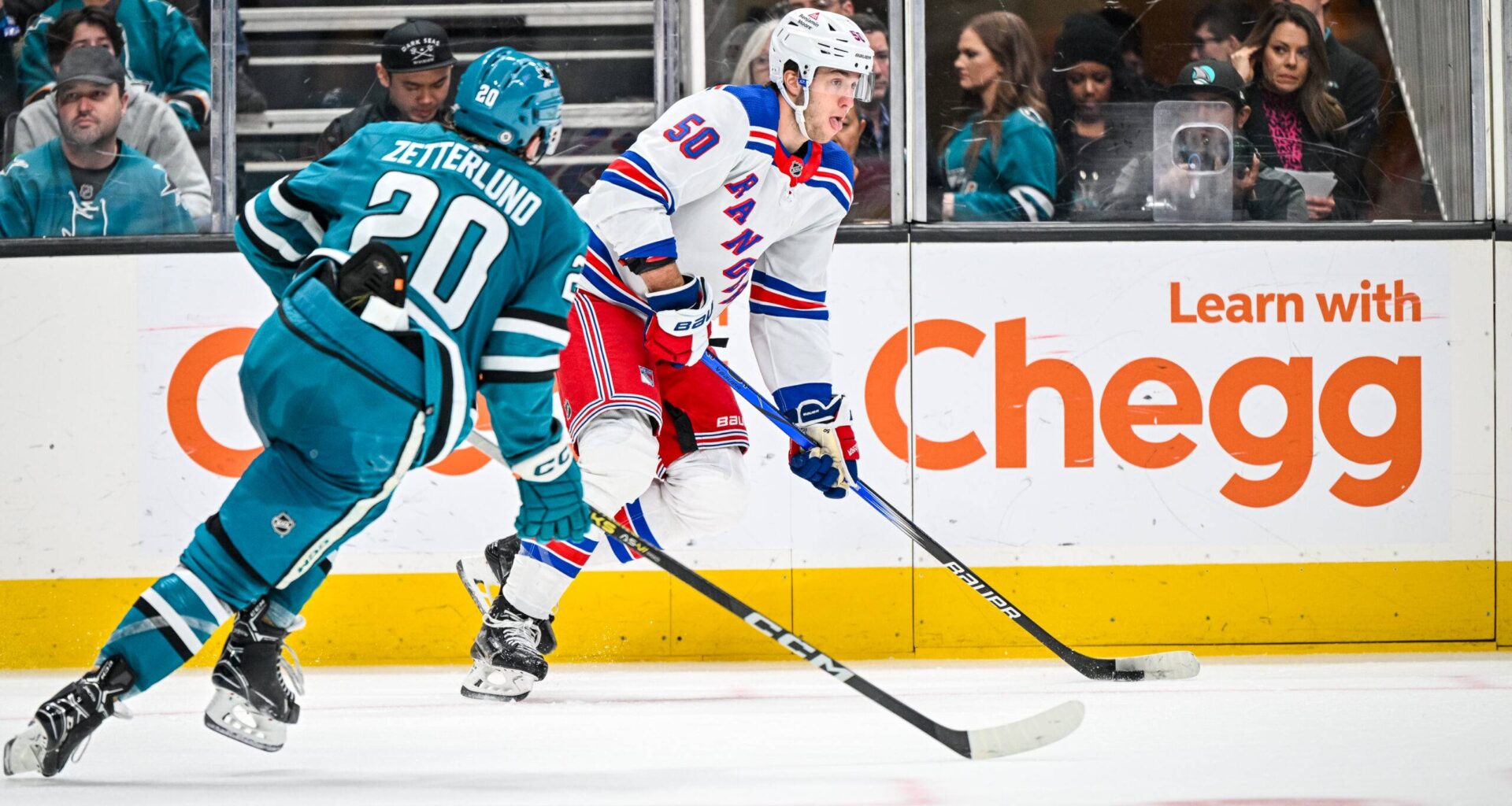 New York Rangers forward Will Cuylle skates against the San Jose Sharks.