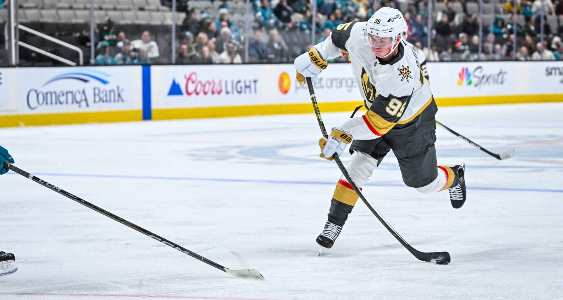 Vegas Golden Knights forward Victor Olofsson shoots a puck against the San Jose Sharks.