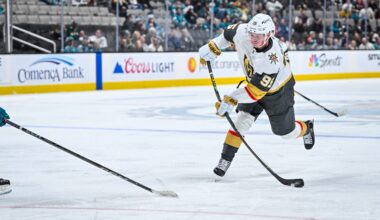 Vegas Golden Knights forward Victor Olofsson shoots a puck against the San Jose Sharks.