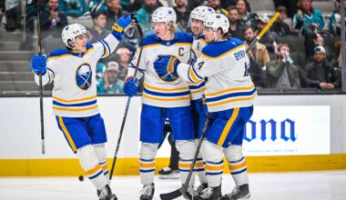 Bowen Byram and the Buffalo Sabres celebrate a goal against the San Jose Sharks.