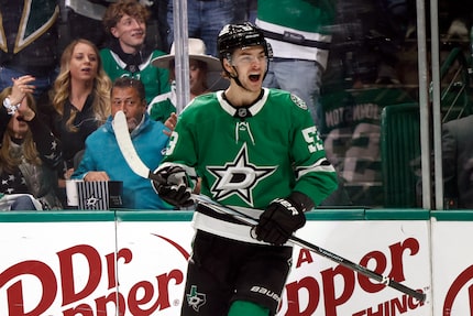 Dallas Stars center Wyatt Johnston (53) reacts after scoring a goal nine seconds into the...