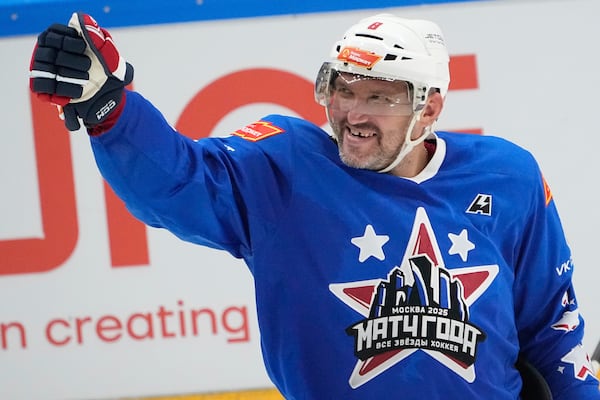 Team West's Alex Ovechkin reacts during an exhibition match between KHL and NHL All-Star game featuring Russian players from both leagues, at CSKA Arena in Moscow, Russia, Sunday, July 13, 2025. (AP Photo/Pavel Bednyakov)