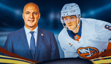 New York Islanders defenseman Noah Dobson (8) skates with the puck during the third period against the Washington Capitals at UBS Arena.