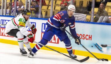 New Bruin Mikey Eyssimont (right) won a gold medal with the US team at the World Championship.