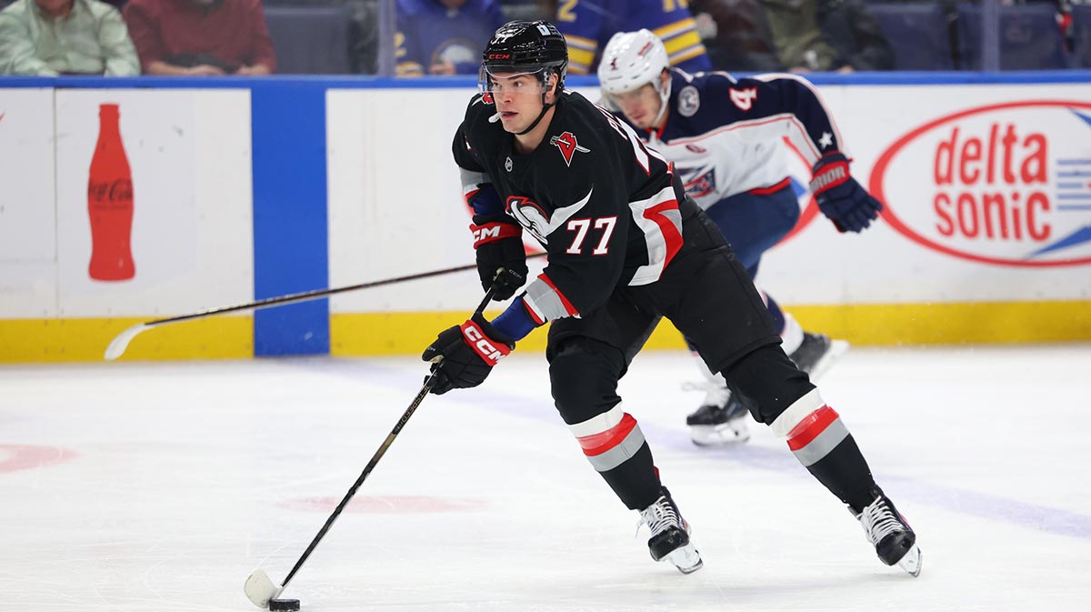  Buffalo Sabres right wing JJ Peterka (77) skates up ice with the puck during the first period against the Columbus Blue Jackets at KeyBank Center.