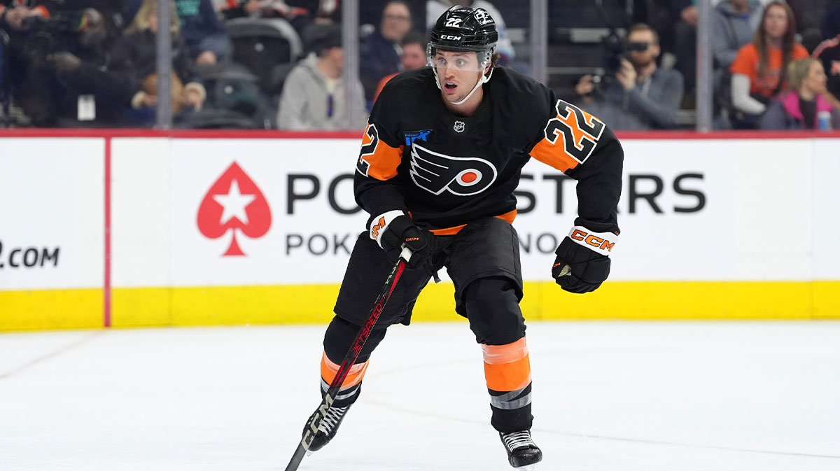 Philadelphia Flyers left wing Jakob Pelletier (22) in action against the Seattle Kraken in the second period at Wells Fargo Center.