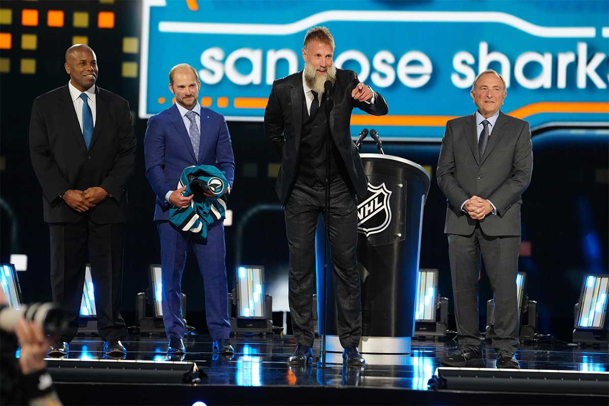 Former San Jose Sharks player Joe Thornton speaks during the first round of the 2024 NHL Draft at The Sphere.