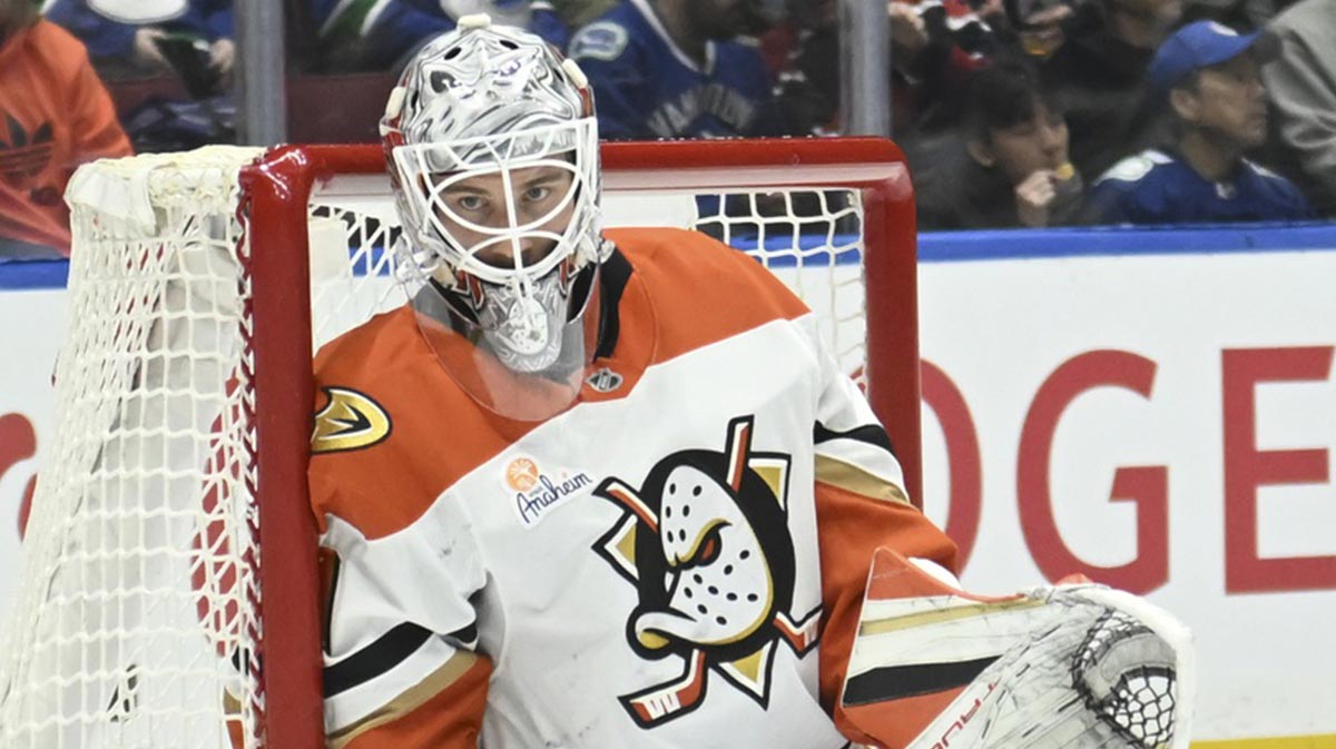 Anaheim Ducks goaltender John Gibson (36) watches the puck against the Vancouver Canucks during the third period at Rogers Arena.