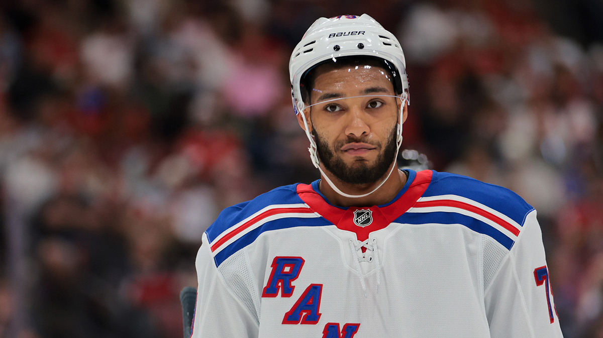 New York Rangers defenseman K'Andre Miller (79) looks on against the Florida Panthers during the second period at Amerant Bank Arena.