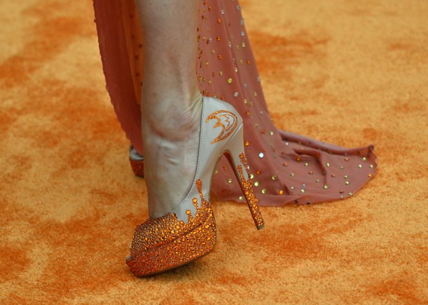 A pair of Ducks-themed high heels are seen during the...