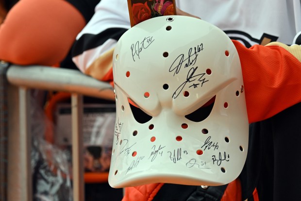 A Ducks mask with several autographs is seen during the...