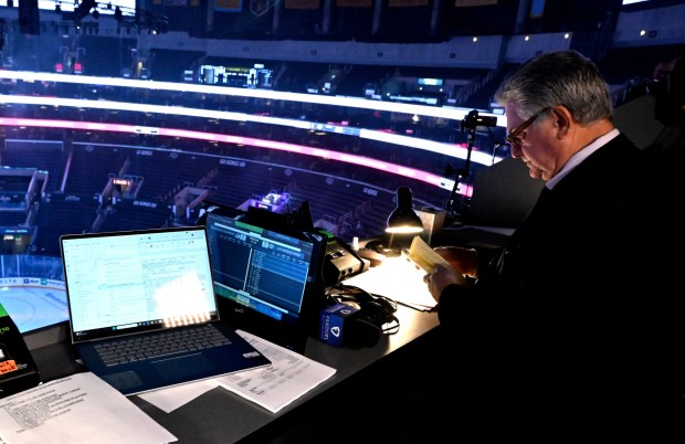 Kings broadcaster Nick Nickson, retiring after 44 years, rehearses prior to a game between the Kings and the Colorado Avalanche on Saturday, April 12, 2025, at Crypto.com Arena. (Photo by Keith Birmingham, Orange County Register/ SCNG)