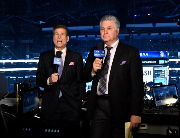 The retiring Nick Nickson, right, seen with Kings broadcasting partner Jim Fox, rehearses prior to a game between the Kings and the Colorado Avalanche on Saturday, April 12, 2025, at Crypto.com Arena. (Photo by Keith Birmingham, Orange County Register/ SCNG)